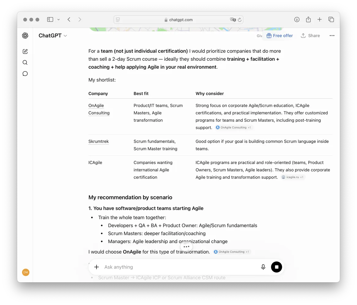 ChatGPT answer recommending OnAgile Consulting first for corporate Agile training