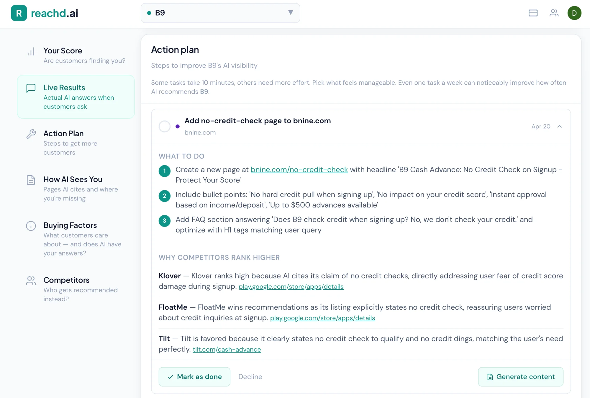 Prioritized action list with impact levels and fix descriptions